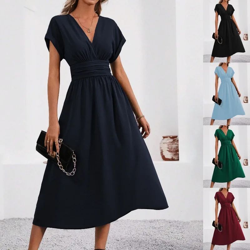 Solid V-Neck Summer Dress