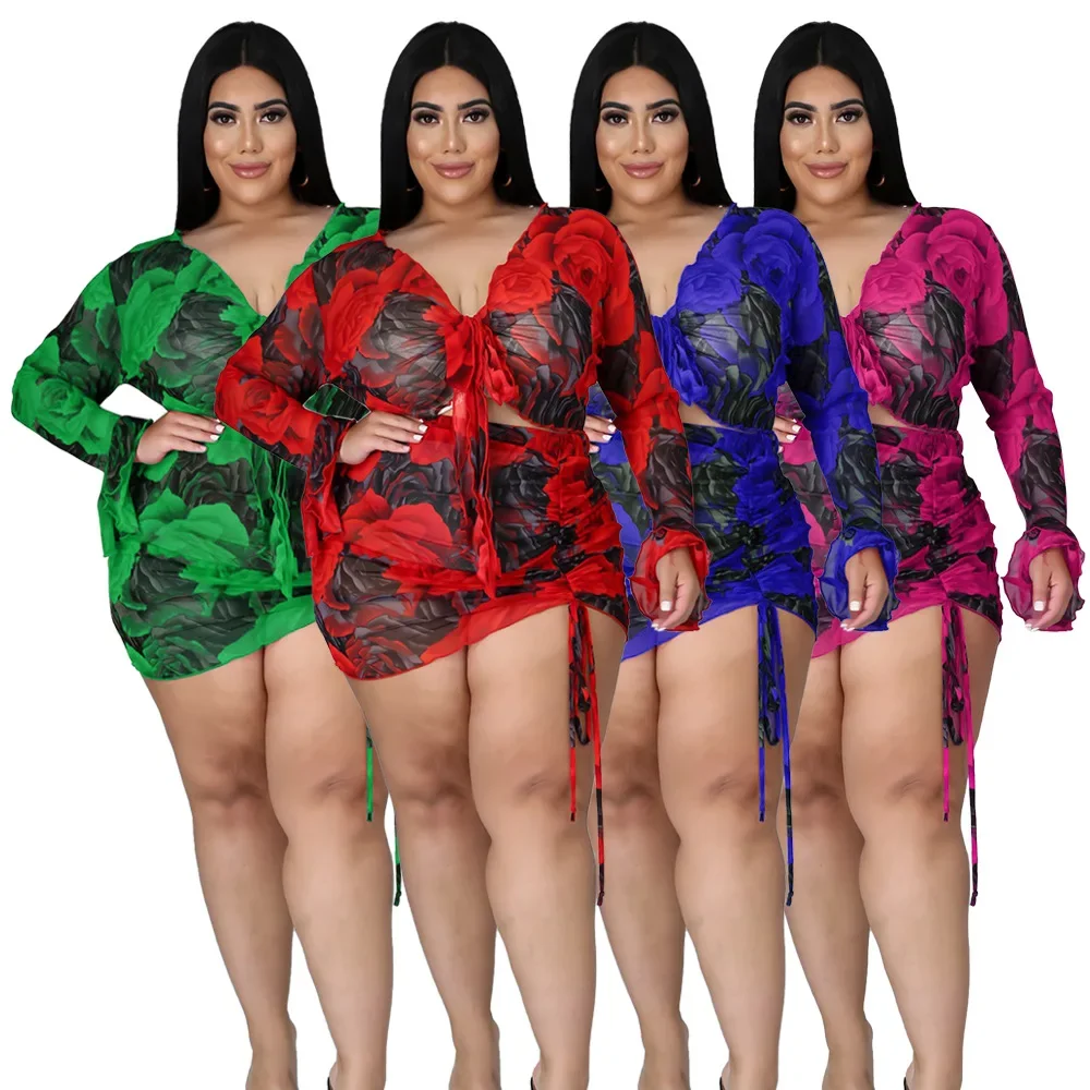 2-Piece Long Sleeve Mesh Set with Colorful Print