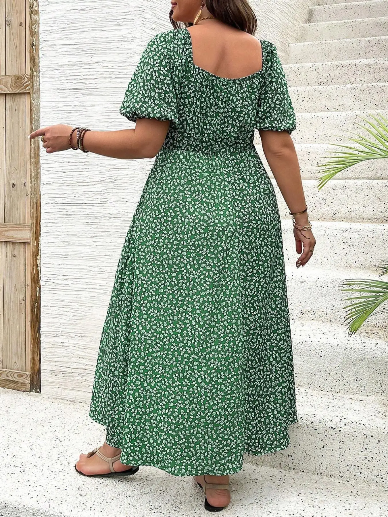 Square Neck Dress with Small Floral Print