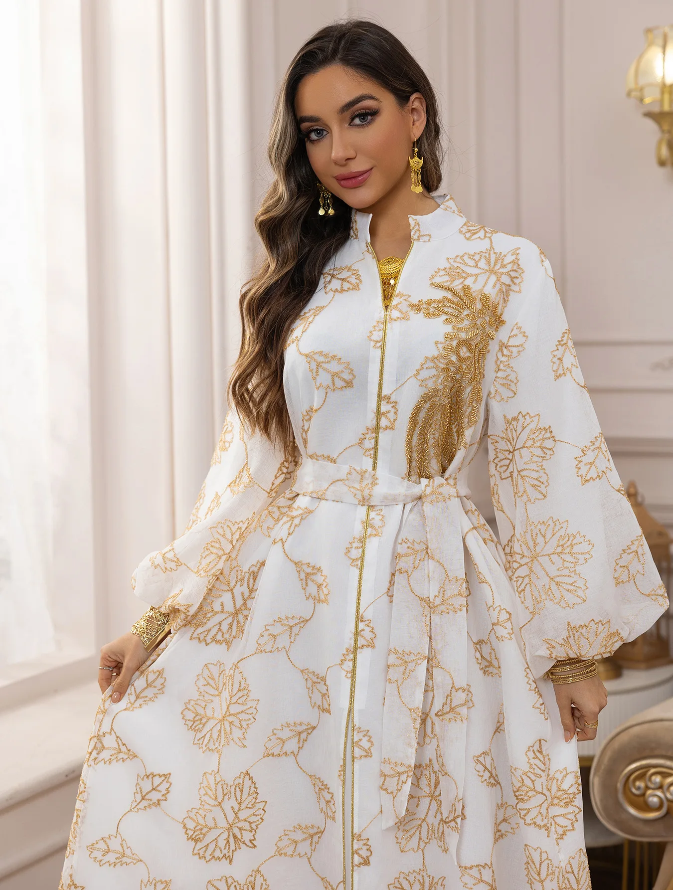 White Abaya with Gold Floral Embroidery