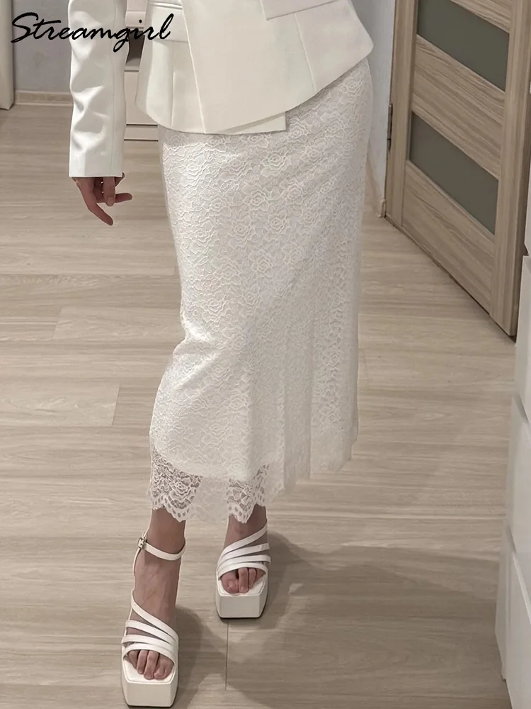 Fitted White Lace Maxi Skirt
