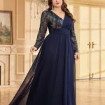 Long Sleeve V-Neck Loose Chiffon Evening Dress — Image 4