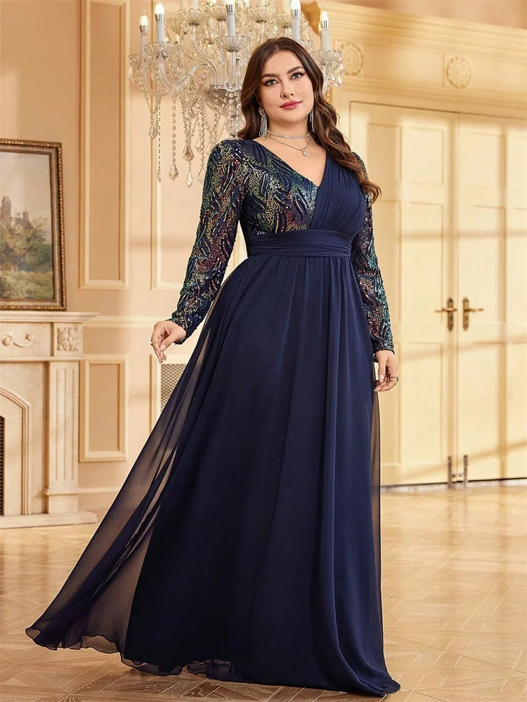 Long Sleeve V-Neck Loose Chiffon Evening Dress