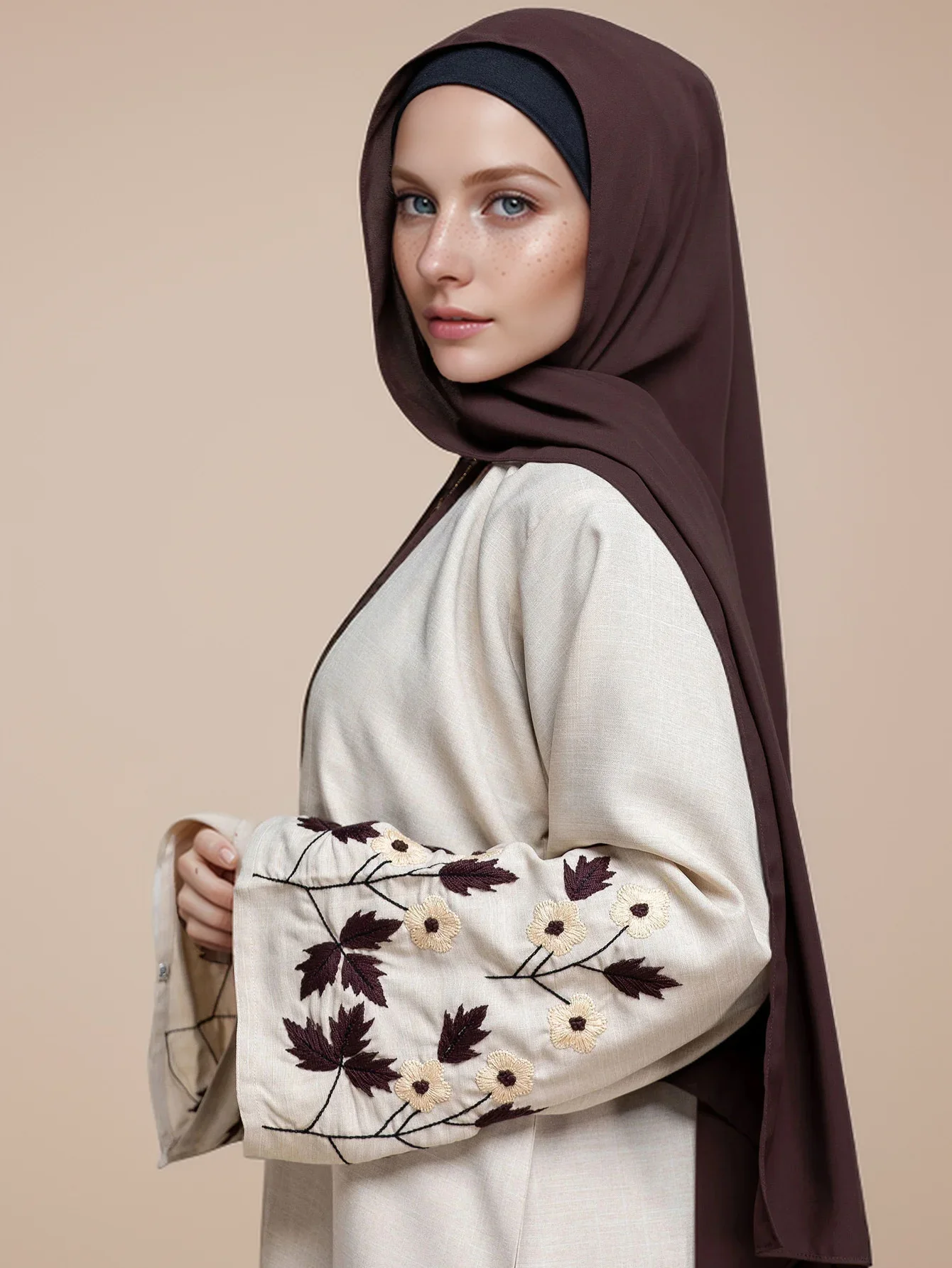 Apricot Abaya with Embroidered Cuffs
