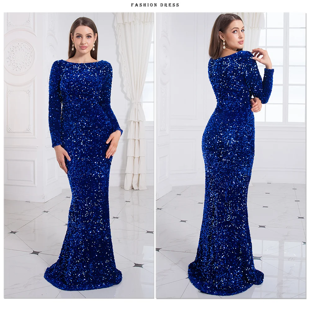 Long Sleeve Sequin Mermaid Evening Dress with Train