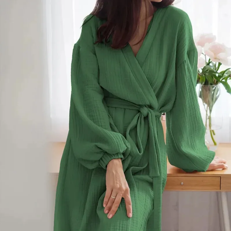 Lightweight Cotton Gauze Long Sleeve Mid-Calf Robe