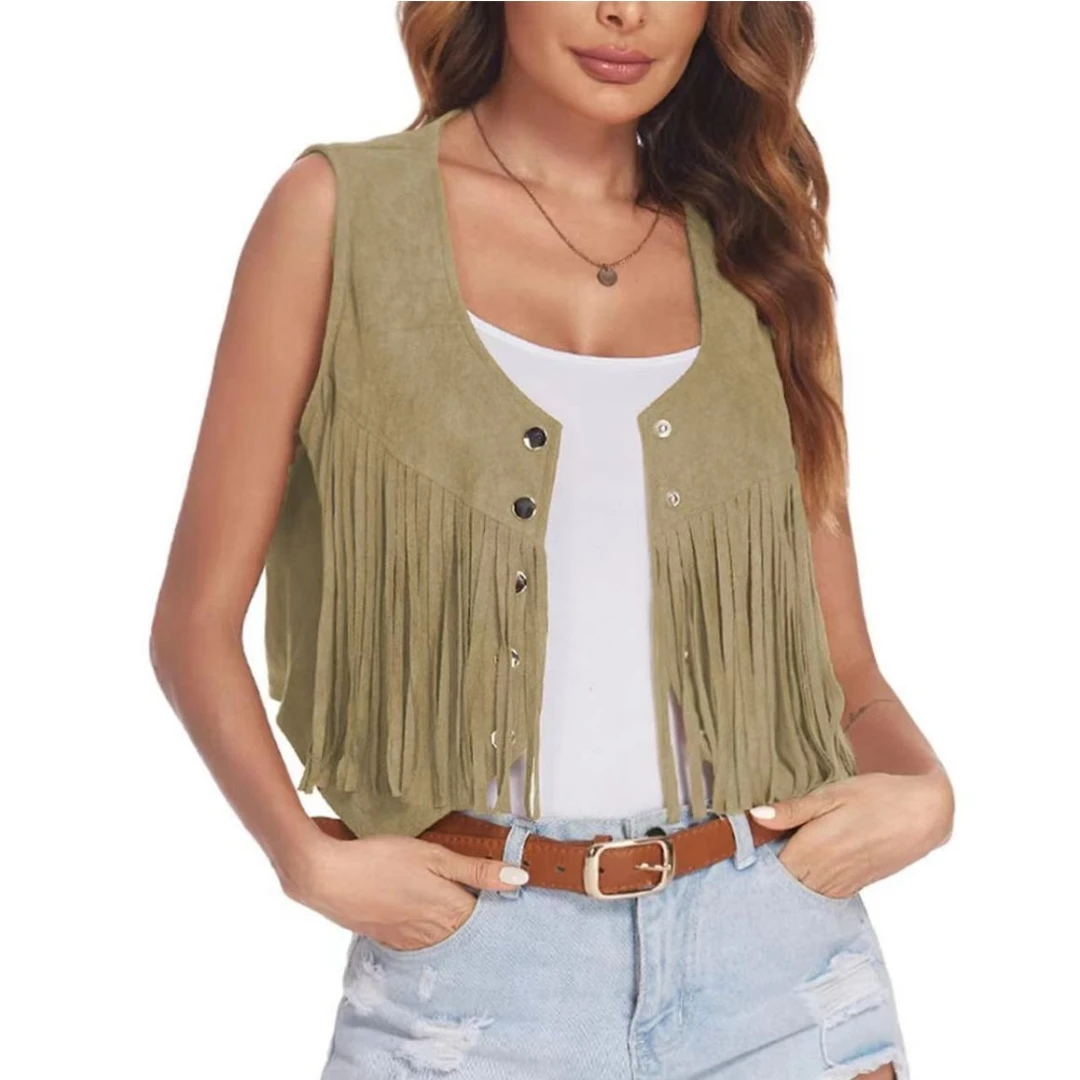 Suede-Feel Vest with Fringe and Studs