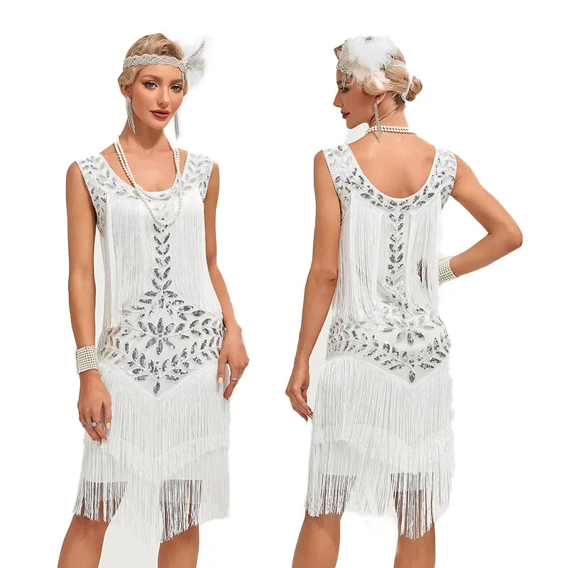 Beaded Sequin Evening Dress with Classic Round Neck