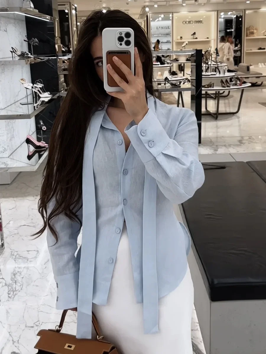 قميص قطني خريفي بحزام رابط
