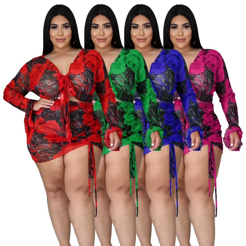 2-Piece Long Sleeve Mesh Set with Colorful Print