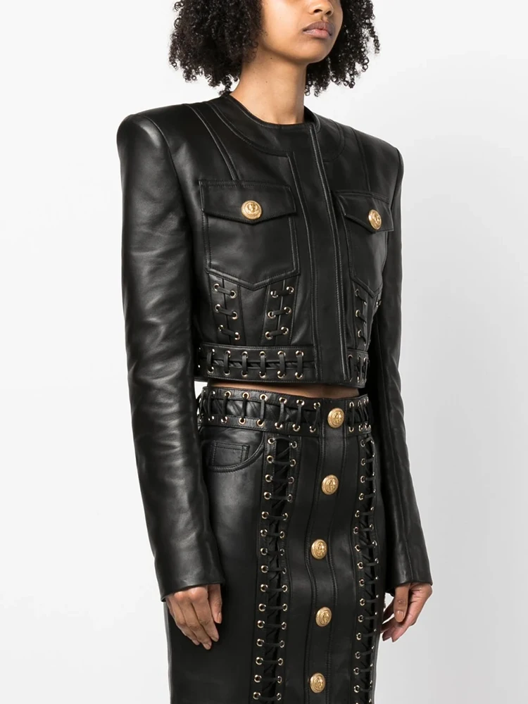Lace Leather Blazer with Drawstring