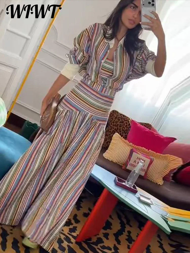2-Piece Striped Set: Button-Up Shirt and Ankle-Length Skirt