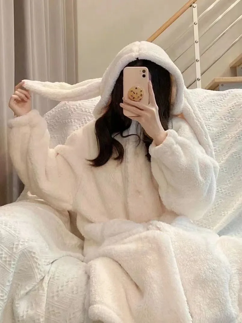 Warm Winter Long Sleeve House Robe with Bunny Ears