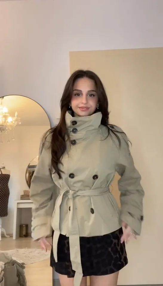 Short Double-Breasted Trench Coat with Belt