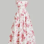 Floral Flared Midi Dress with Spaghetti Straps — Image 4