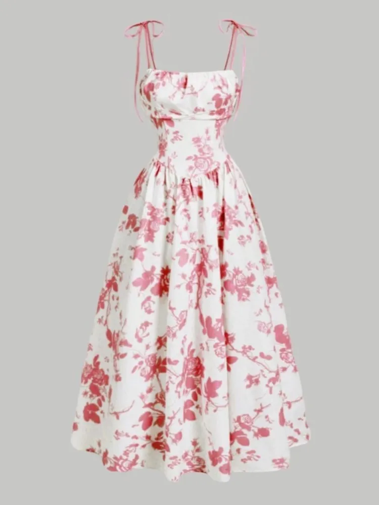 Floral Flared Midi Dress with Spaghetti Straps
