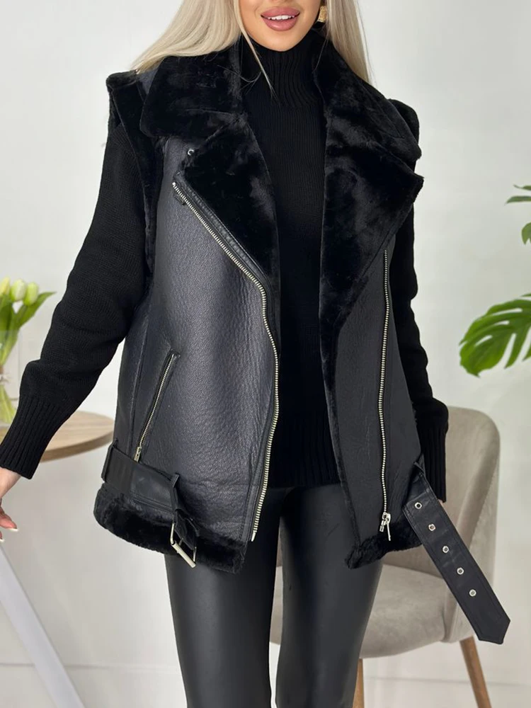 Faux Fur Vest with Turn-Down Collar and Zip Closure