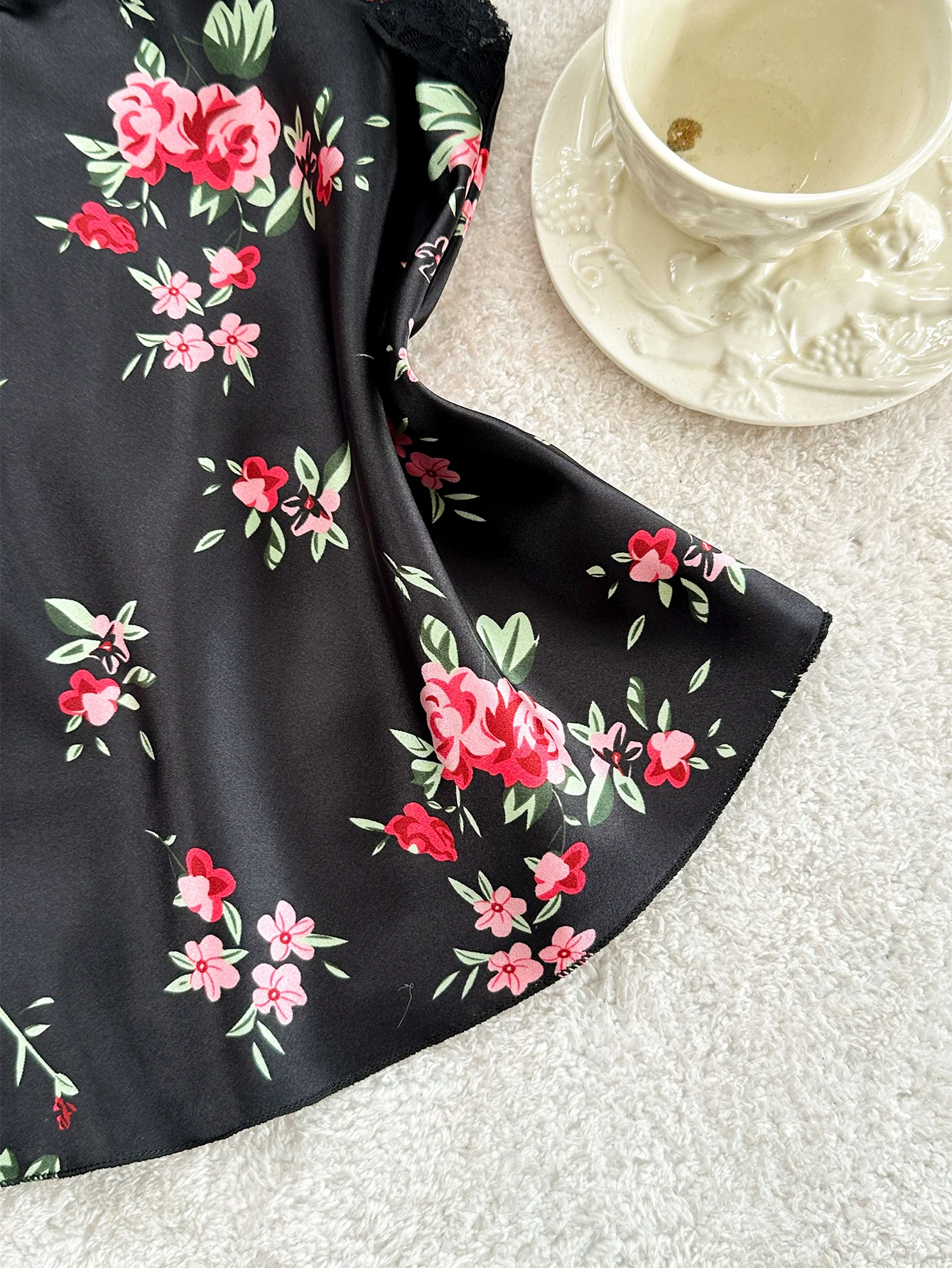 2-Piece Satin V-Neck Set with Lace Accents