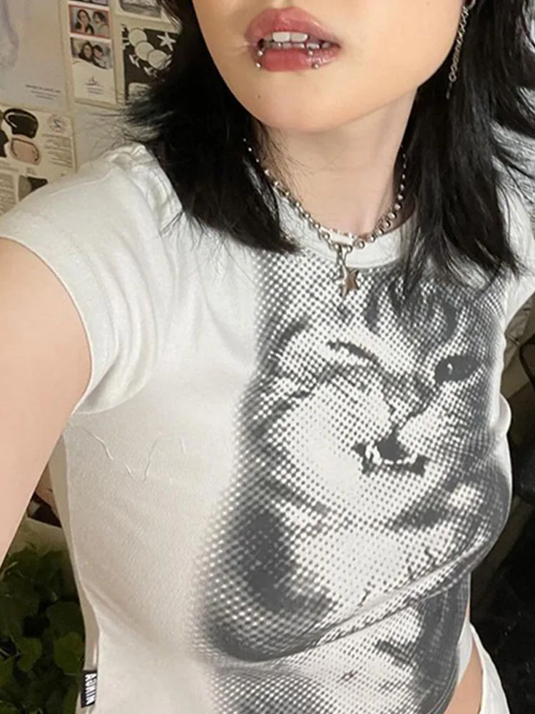White Cropped Animal Print T-Shirt