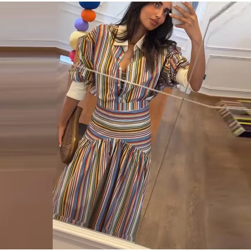 2-Piece Striped Set: Button-Up Shirt and Ankle-Length Skirt