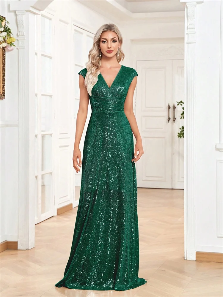 Sequin Evening Dress with Cap Sleeves, V-Neck and Gathered Waist