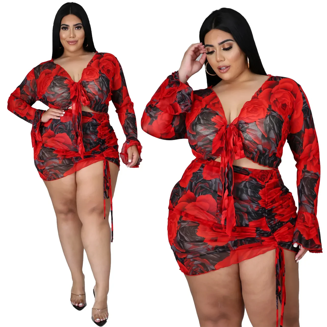2-Piece Long Sleeve Mesh Set with Colorful Print