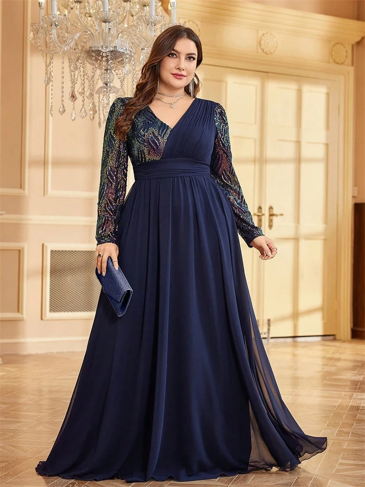 Long Sleeve V-Neck Loose Chiffon Evening Dress
