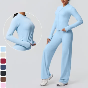 2-Piece Breathable Wide-Leg Long Set with Zipper