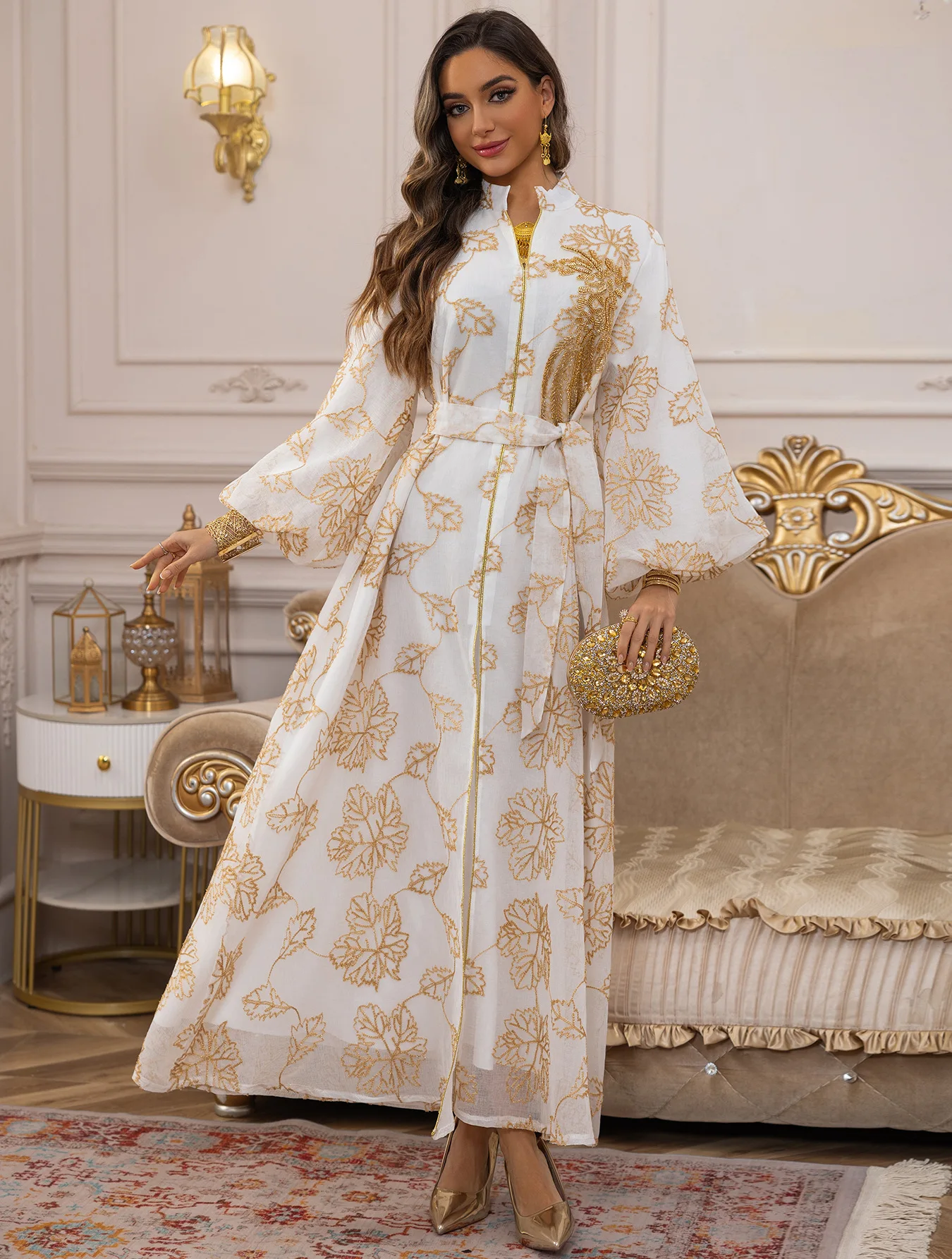White Abaya with Gold Floral Embroidery