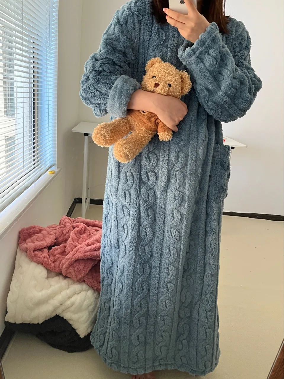 Warm Flannel Knee-Length House Robe Set