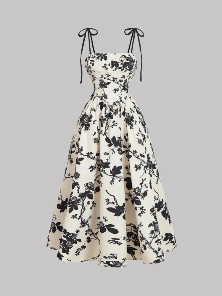 Floral Flared Midi Dress with Spaghetti Straps