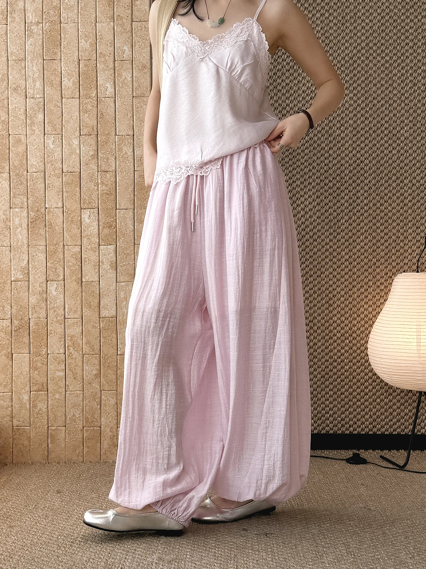 Ankle-Length High Waist Wide-Leg Pants with Tie