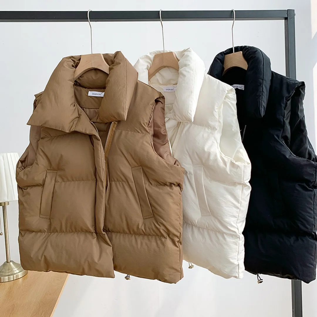 Padded Winter Zip-Up Vest with Pockets and Adjustable Waist