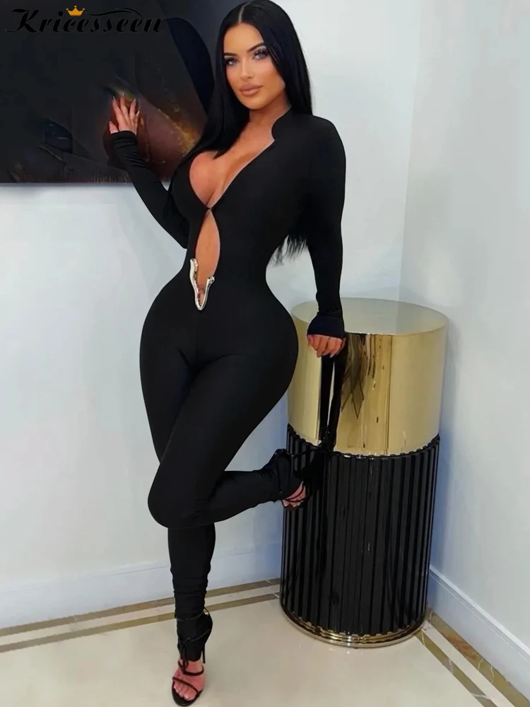 Solid Long Sleeve Hollow-Out Jumpsuit
