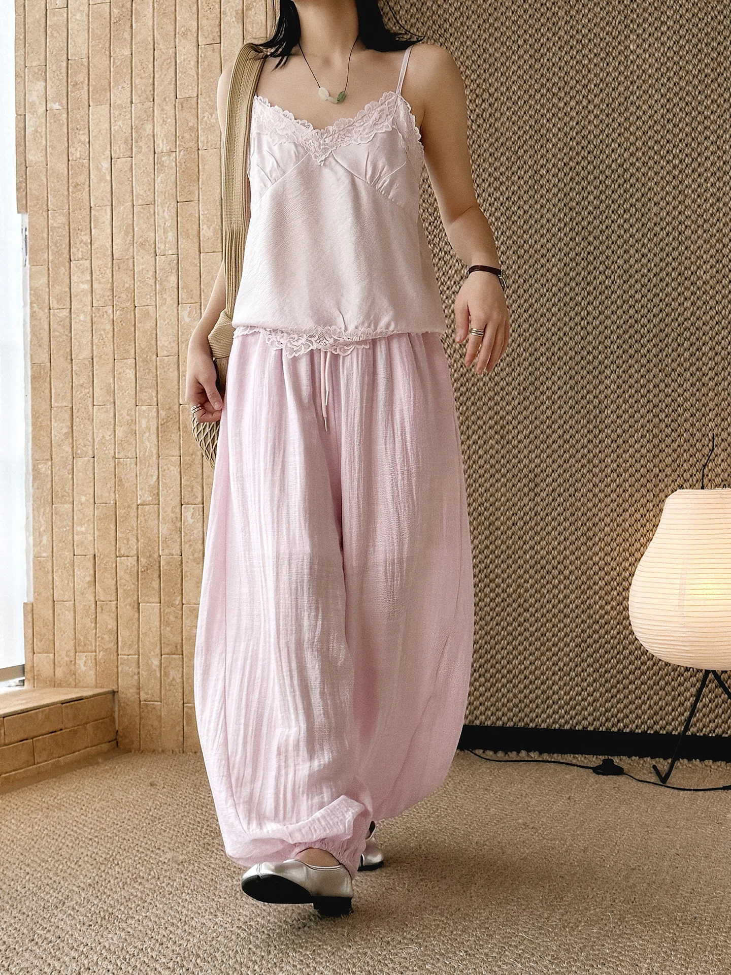 Ankle-Length High Waist Wide-Leg Pants with Tie