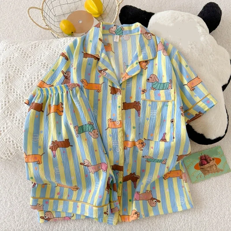 Summer Short Sleeve Pajama Set with Shorts and Fun Print