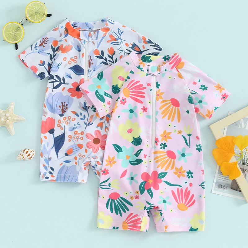 Girls' Short Sleeve Zip-Up Swim Jumpsuit