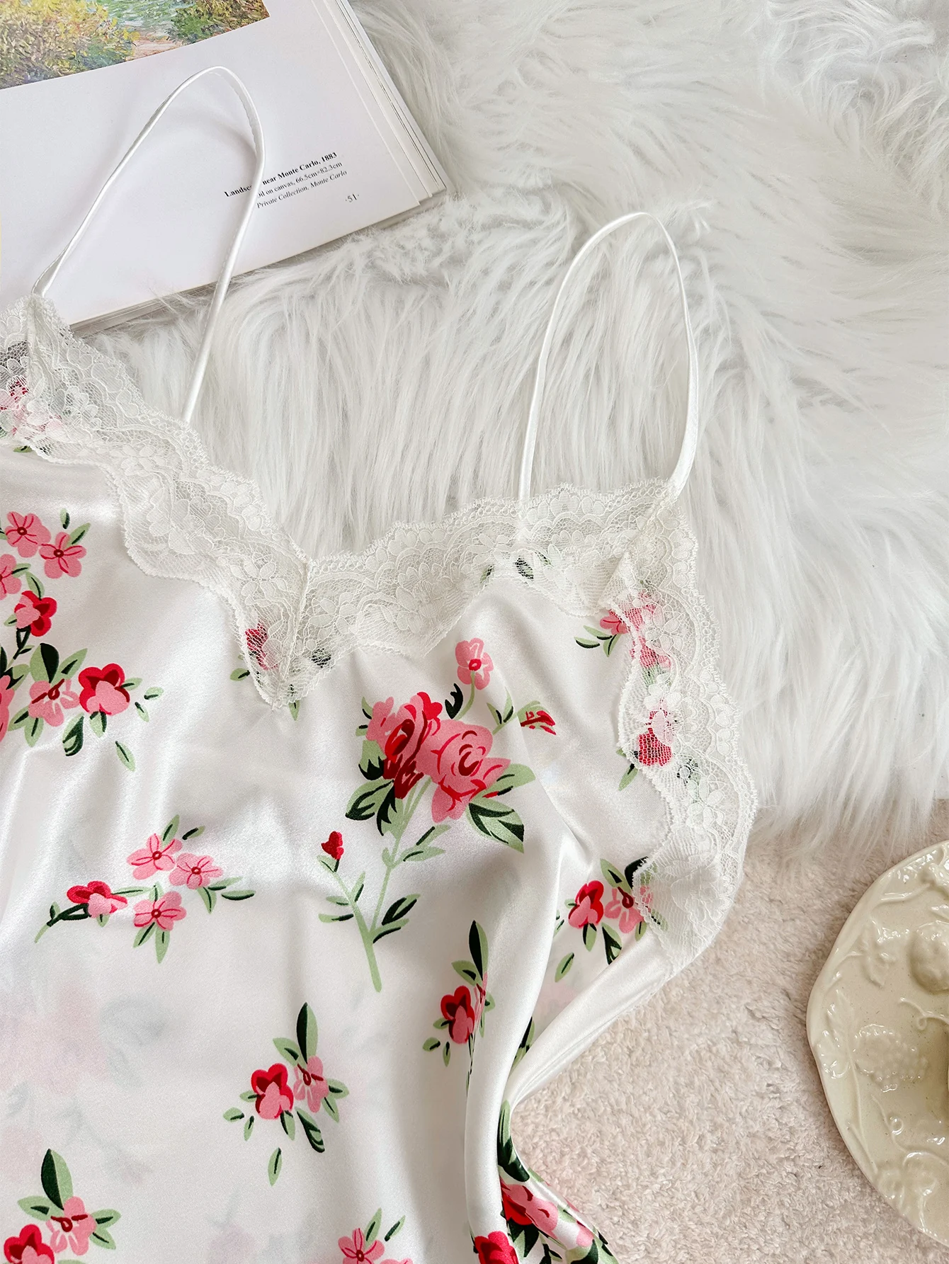 2-Piece Satin V-Neck Set with Lace Accents