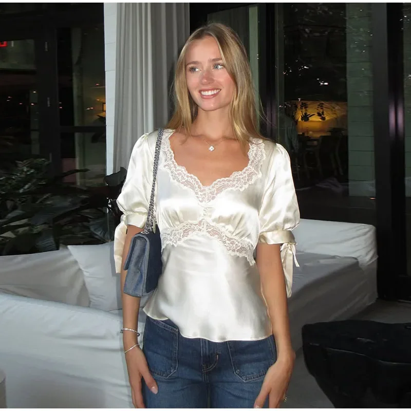 Short Sleeve T-Shirt with Lace Details and Waist Tie