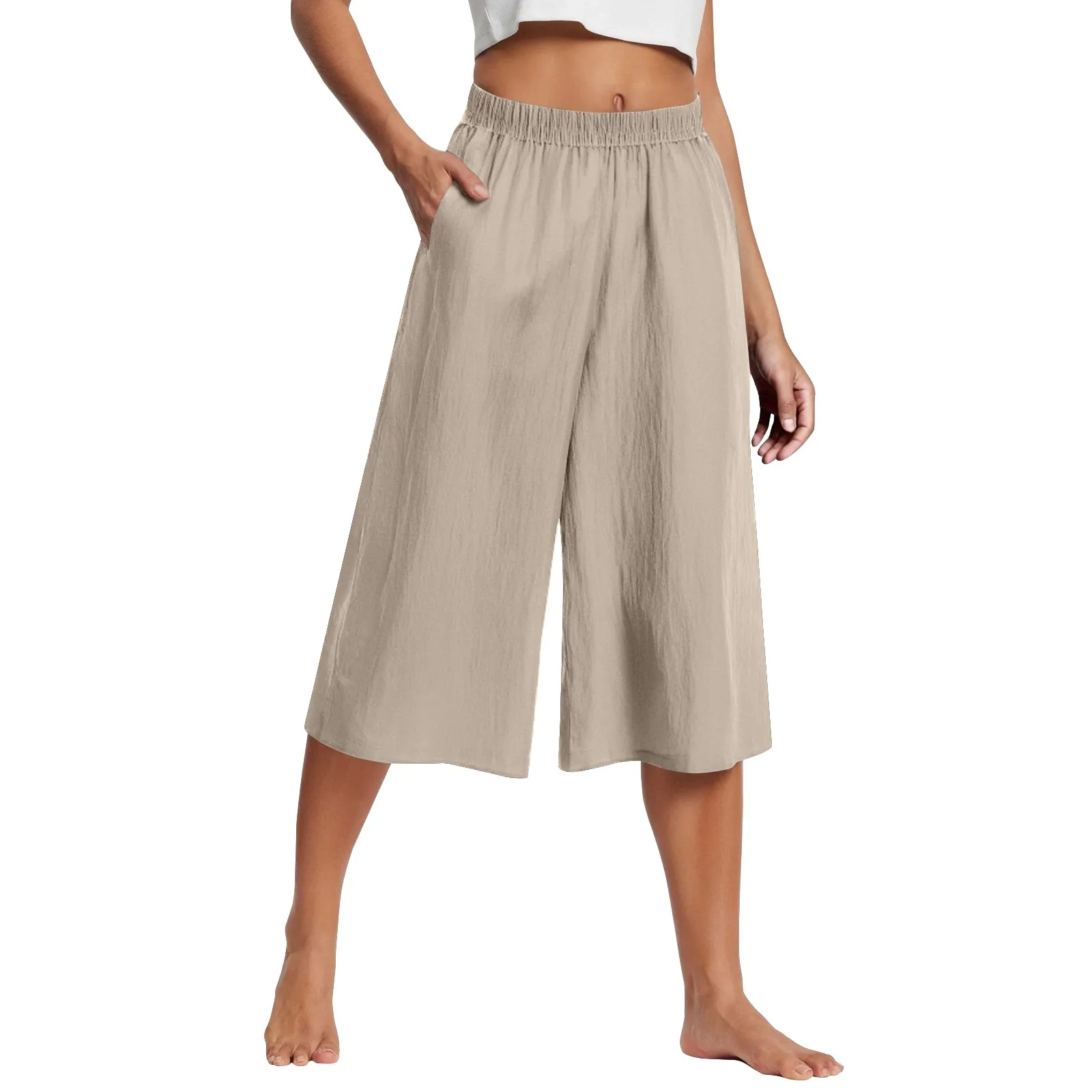 Ankle-Length Wide-Leg Pants with Elastic Waist and Side Pockets