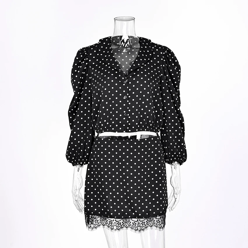 Polka Dot Chiffon Set with Lace Details and Short Skirt