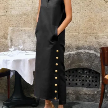 Vintage Solid Summer Dress with Slit