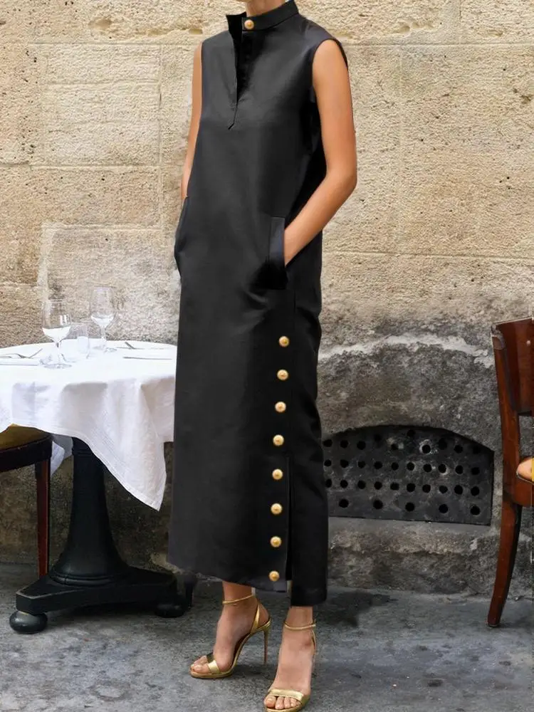 Vintage Solid Summer Dress with Slit