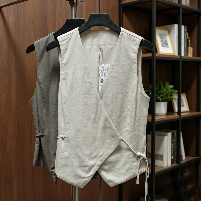 Lightweight Linen-Blend V-Neck Open-Front Vest