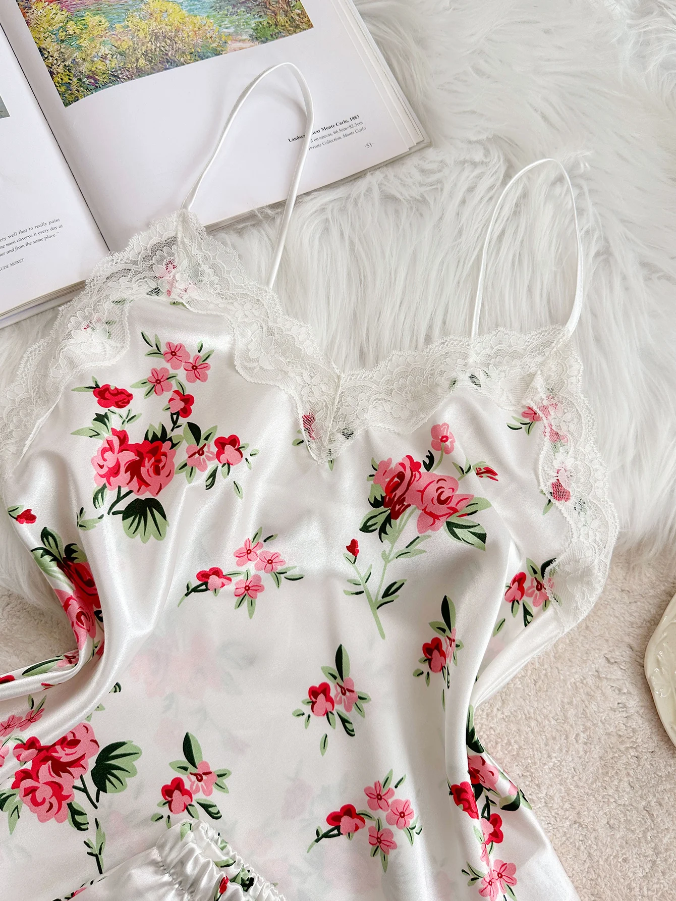 2-Piece Satin V-Neck Set with Lace Accents
