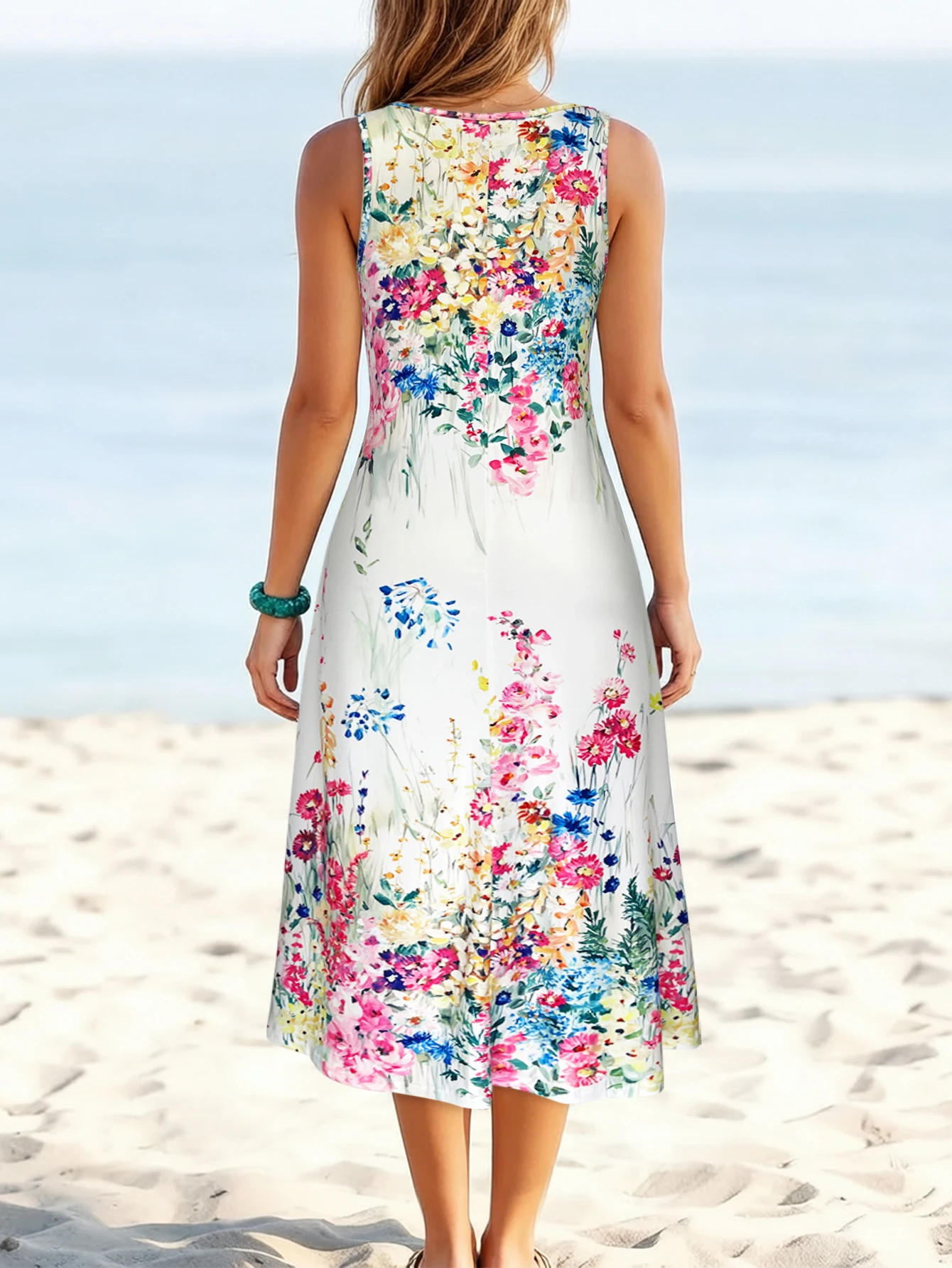 Floral Sleeveless Round Neck Midi Sundress