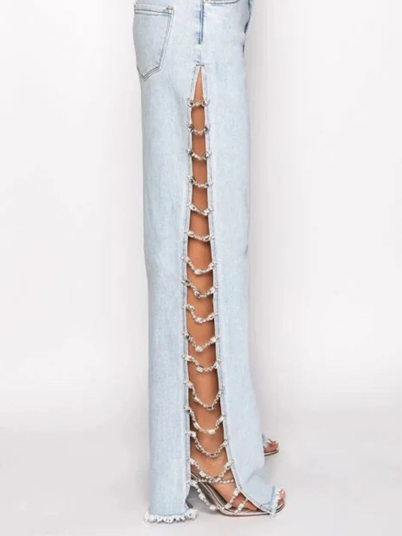High Waist Wide-Leg Jeans with Sparkly Cutout Details