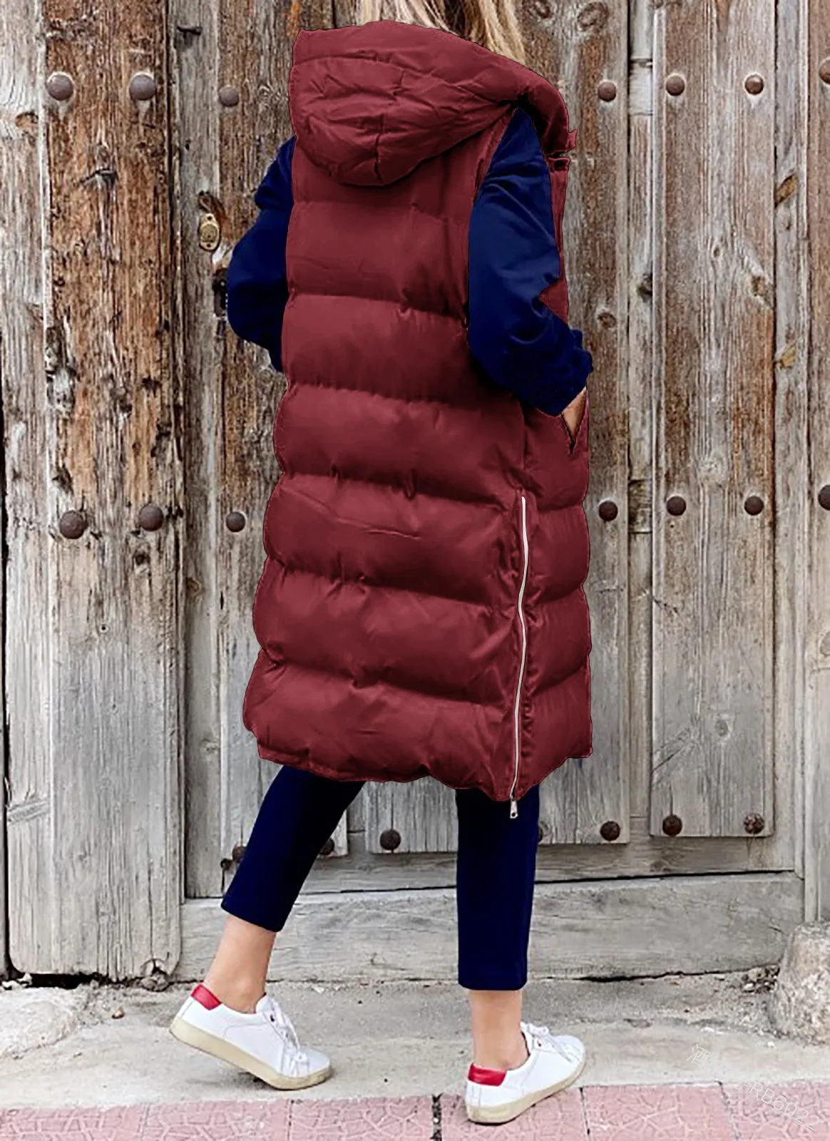 Long Winter Hooded Zip-Up Vest with Side Pockets