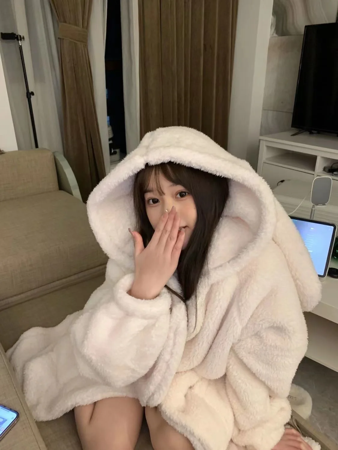Warm Winter Long Sleeve House Robe with Bunny Ears