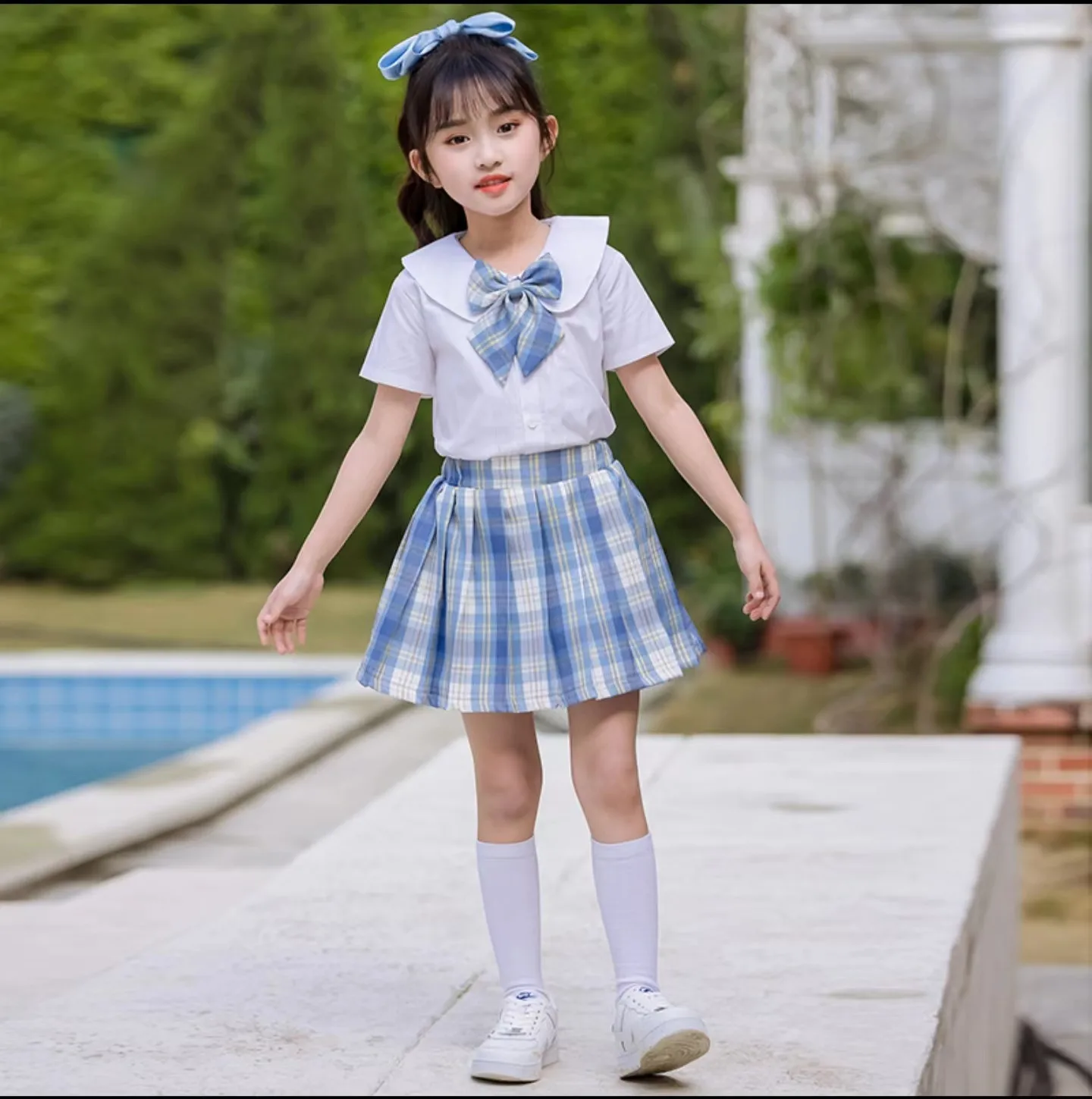 Girls' School Uniform with Pleated Skirt and Shirt